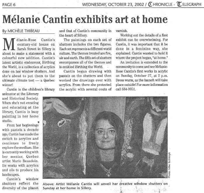 Article dans le Chronicle-Telegraph 2002-10-23